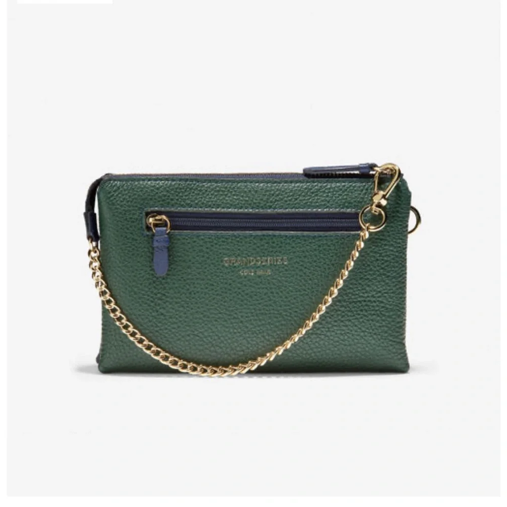 COLE HAAN GRANDSERIES Pebbled Leather Wristlet Pouch Navy Green Cognac